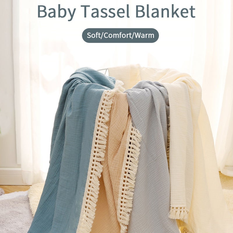 80*65cm/ 31.5*25.6in Comfortable Baby Muslin Blanket Soft Newborn Baby Swaddle Blanket Skin-Friendly with Beautiful Tassel Decoration Receiving Blankets for Baby Boys Girls - Image 2