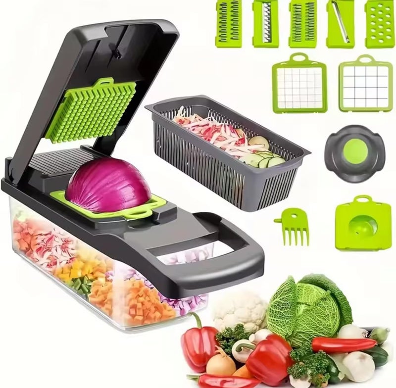 Kitchen ideas Veggie slicer 16 pieces (Gray, 1) 16 pieces hand operated vegetable slicer, veggie chopper, food chopper, onion cutter. - Image 1