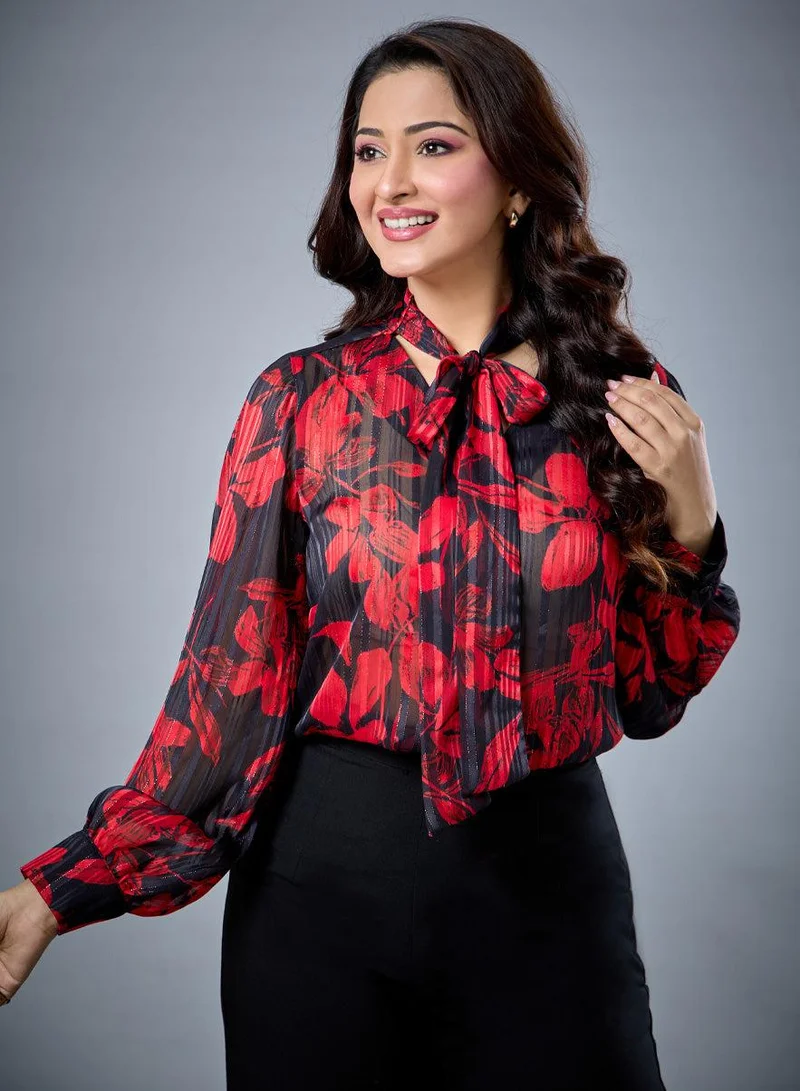 Zigzag Front Tie Neck Long Sleeve Top