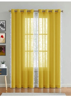 HOMEMONDE HOMEMONDE Transparent Sheer Cotton Drapes with Beautiful Border Pompom Living Room Farmhouses 7 Feet Grommet Curtains Stainless Steel Rings Pack of 2 Mustard  - Image 1