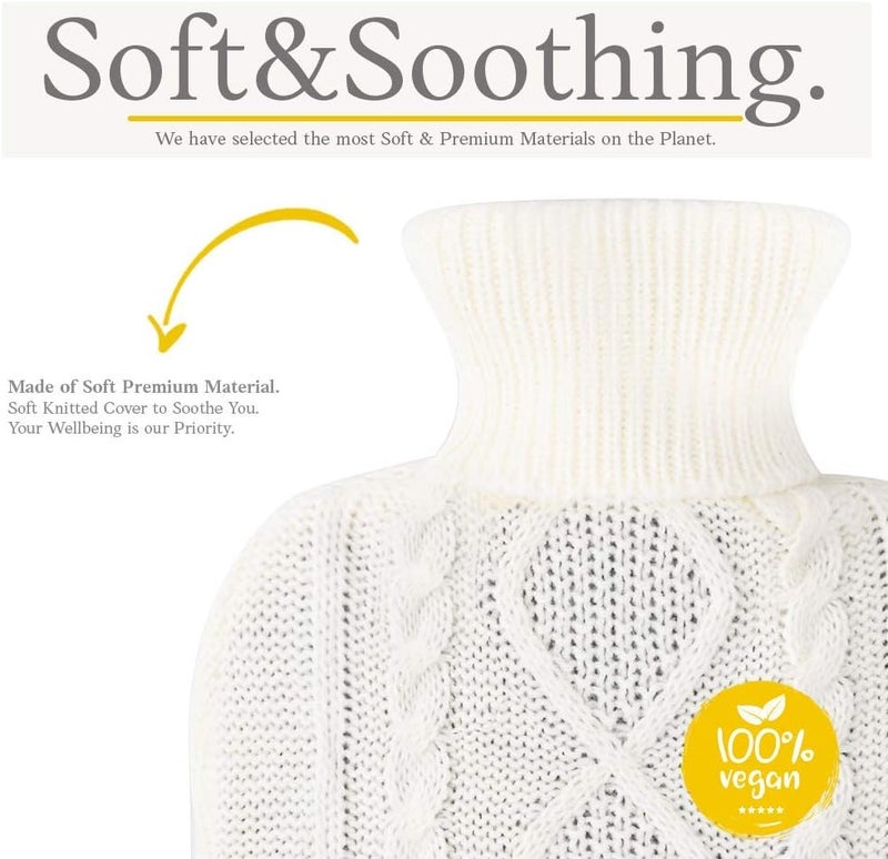 Qomfor Hot Water Bottle - Premium Soft Knit Cover - Large Capacity 1.8L - Hot Water Bottle with Knitted House for Pain Relief, Back, Neck & Shoulders & Cosy Warm Nights - White - Image 2