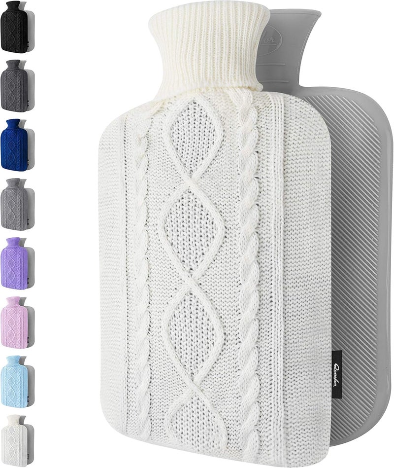 Qomfor Hot Water Bottle - Premium Soft Knit Cover - Large Capacity 1.8L - Hot Water Bottle with Knitted House for Pain Relief, Back, Neck & Shoulders & Cosy Warm Nights - White - Image 1