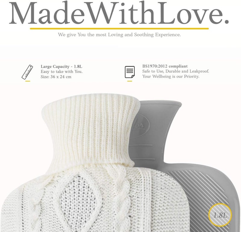 Qomfor Hot Water Bottle - Premium Soft Knit Cover - Large Capacity 1.8L - Hot Water Bottle with Knitted House for Pain Relief, Back, Neck & Shoulders & Cosy Warm Nights - White - Image 3