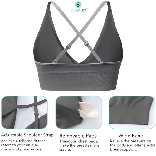 Evercute Women's Sports Bras Adjustable Deep V Neck Bras Wireless Spaghetti Strap Criss Cross Padded Seamless Low Support Sexy Everyday Bras, Medium, Black White Gray Flesh 4 Pack - Image 3
