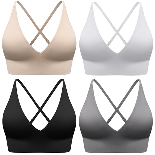 Evercute Women's Sports Bras Adjustable Deep V Neck Bras Wireless Spaghetti Strap Criss Cross Padded Seamless Low Support Sexy Everyday Bras, Medium, Black White Gray Flesh 4 Pack - Image 1