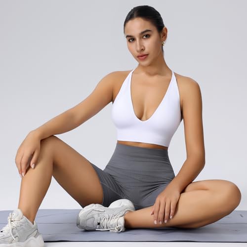 Evercute Women's Sports Bras Adjustable Deep V Neck Bras Wireless Spaghetti Strap Criss Cross Padded Seamless Low Support Sexy Everyday Bras, Medium, Black White Gray Flesh 4 Pack - Image 5