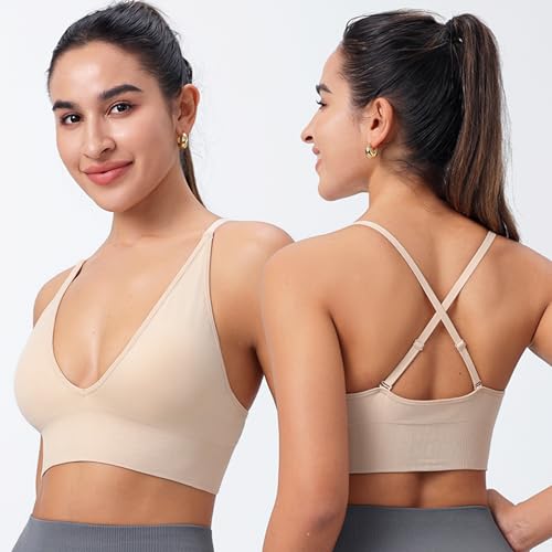 Evercute Women's Sports Bras Adjustable Deep V Neck Bras Wireless Spaghetti Strap Criss Cross Padded Seamless Low Support Sexy Everyday Bras, Medium, Black White Gray Flesh 4 Pack - Image 2