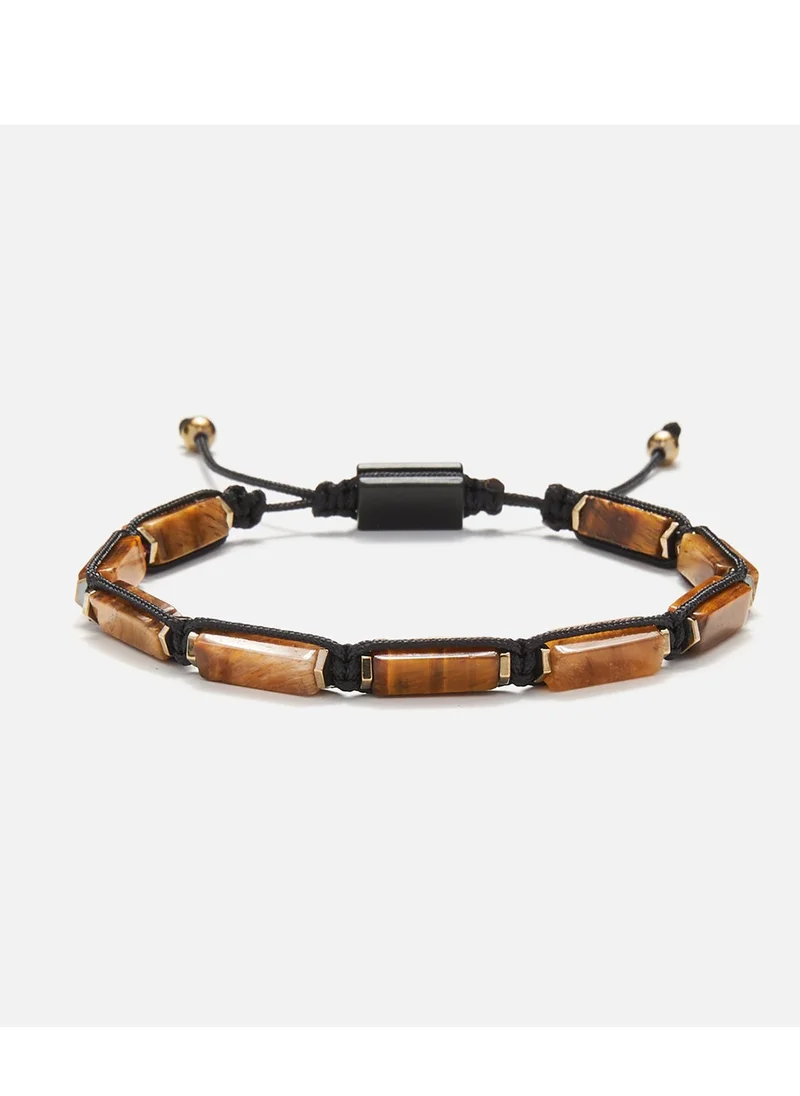 CHRYSOSTOMOS Handmade Adjustable Beaded Bracelet for Men with Knitted Design & Brown Rectangular Tiger Eye Tube