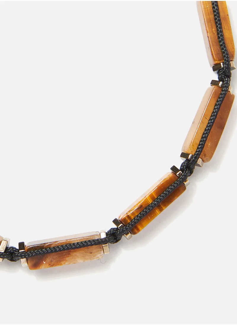 CHRYSOSTOMOS Handmade Adjustable Beaded Bracelet for Men with Knitted Design & Brown Rectangular Tiger Eye Tube