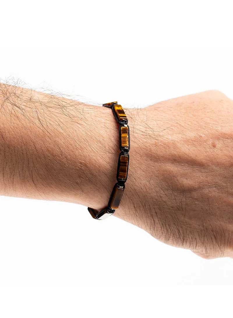 CHRYSOSTOMOS Handmade Adjustable Beaded Bracelet for Men with Knitted Design and Brown Rectangular Tiger Eye Tube