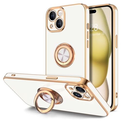 Hython for iPhone 15 Case with Ring Stand, 360° Rotatable Ring Holder Magnetic Kickstand, Plating Rose Gold Edge Soft Cover Women Men Luxury Protective Phone Case for iPhone 15 6.1", White - Image 1
