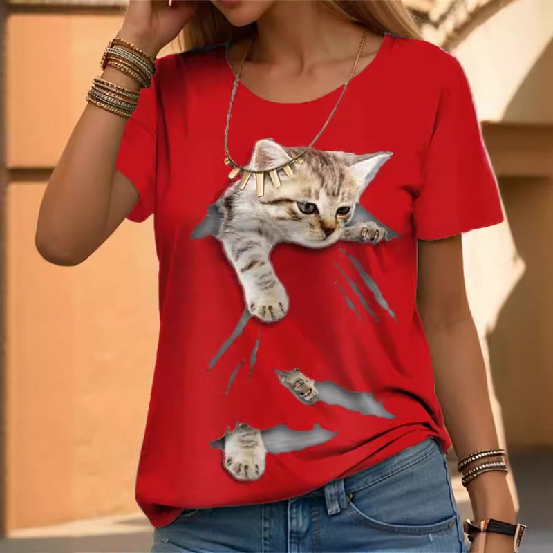 2024 New Womens Short Sleeve Cat Top White - Image 5