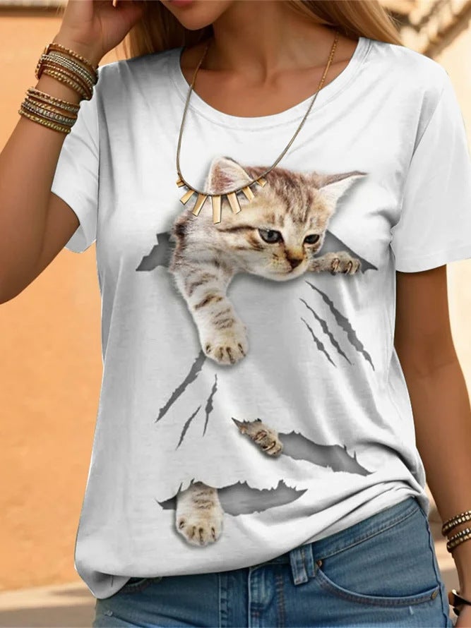 2024 New Womens Short Sleeve Cat Top White - Image 1