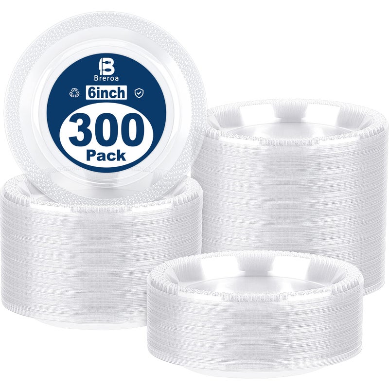 Breroa 300 Pieces Clear Plastic Plates 6 Inch Small Disposable Round Dessert Plates Heavy Duty Appetizer Dinner Party Plates for Wedding BBQ Picnic Camping Events Party Supplies - Image 1