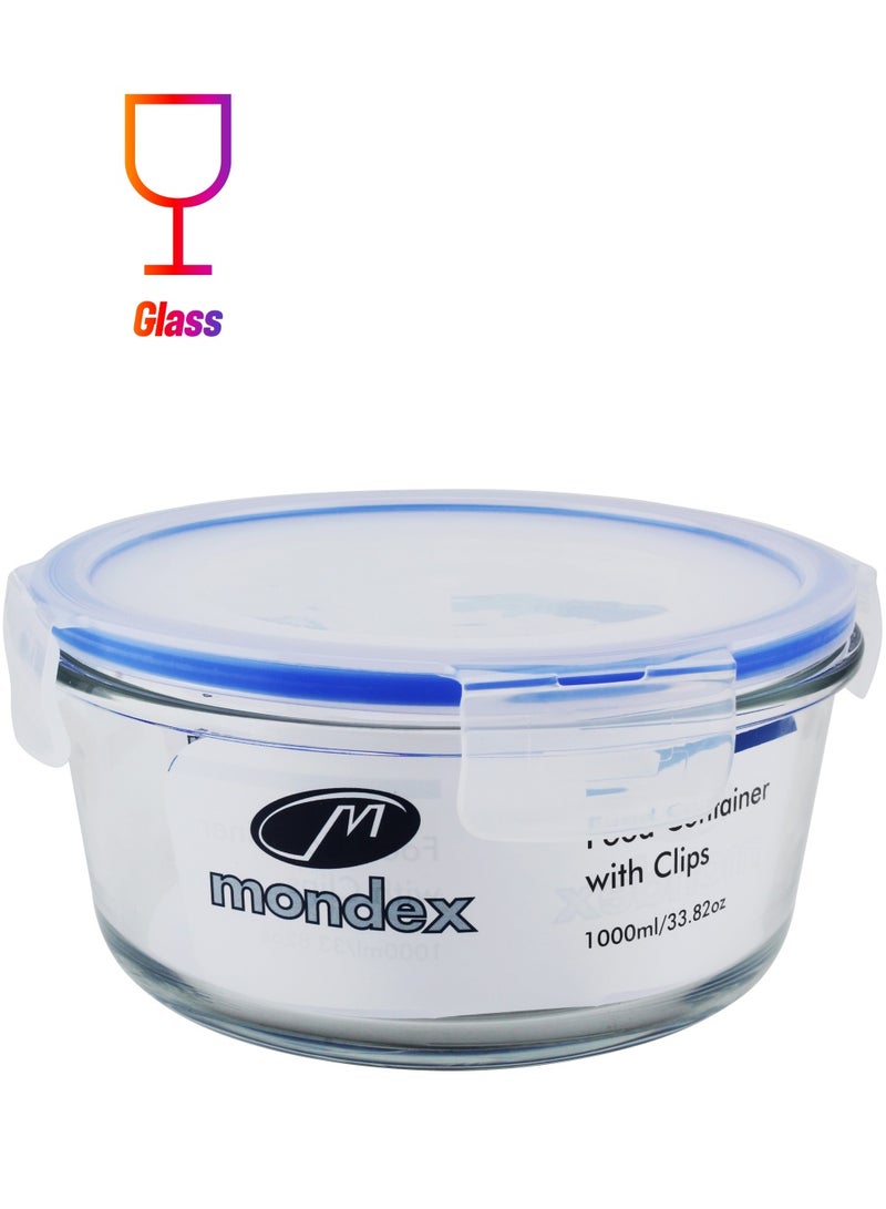Mondex Round Glass Food Storage Container With Lid Clear/Blue 1000ml - Image 1