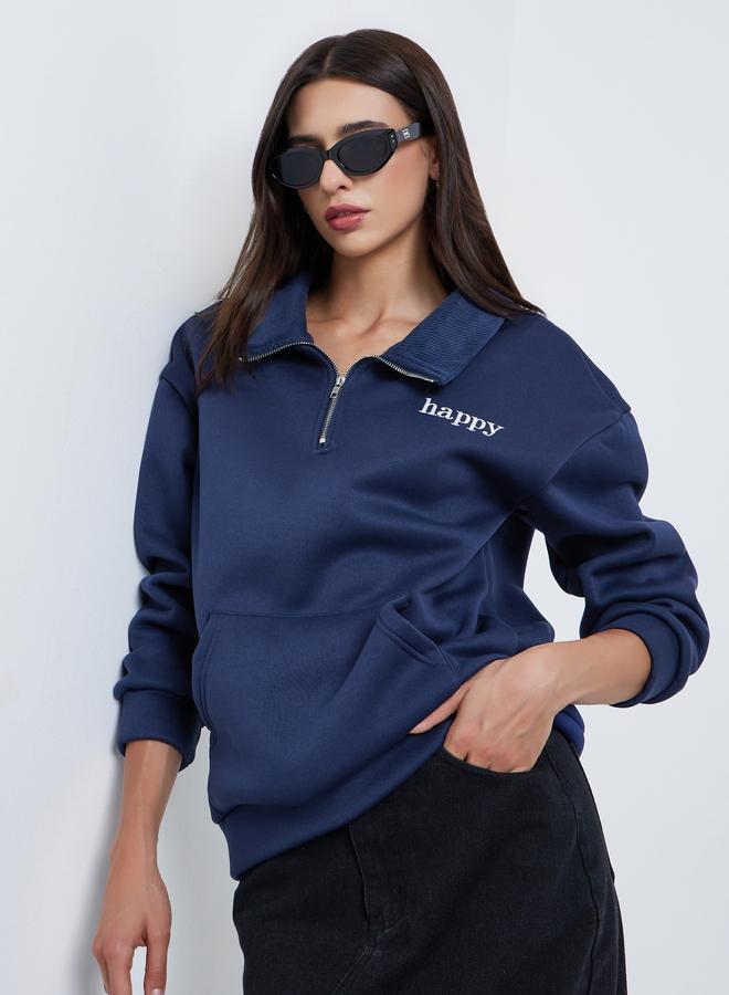 Styli Navy Blue Embroidered Slogan Sweatshirt - Image 1