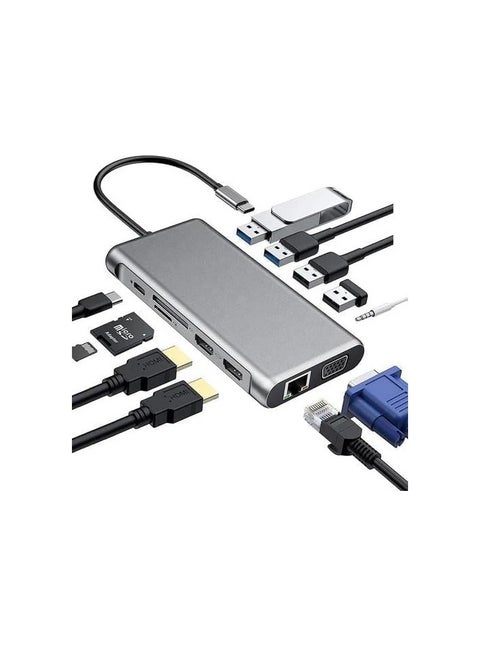 12-in-1 USB C Hub Adapter Docking Station with 2x 4K HDMI, VGA, 4 USB 3.0 Ports, USB C PD3.0, RJ45 Ethernet, SD/TF Card Reader, 3.5mm AUX - Compatible with MacBook Pro/Air and Type C Devices