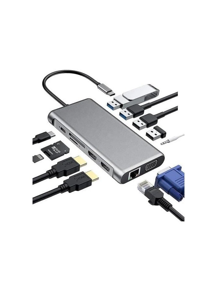 12-in-1 USB C Hub Adapter Docking Station with 2x 4K HDMI, VGA, 4 USB 3.0 Ports, USB C PD3.0, RJ45 Ethernet, SD/TF Card Reader, 3.5mm AUX - Compatible with MacBook Pro/Air and Type C Devices