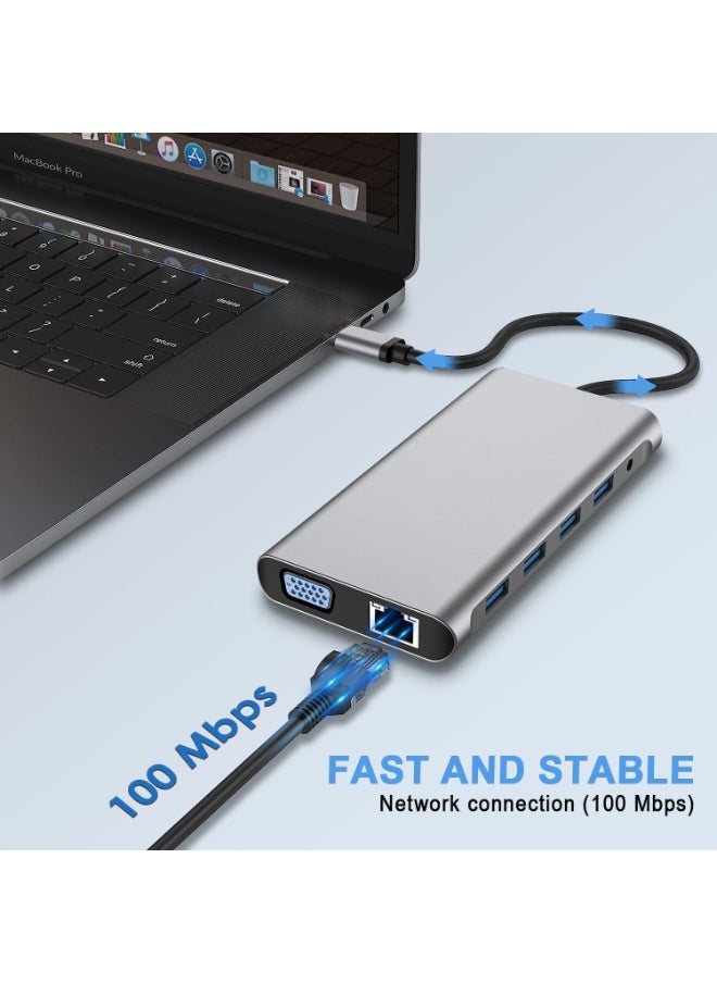 12-in-1 USB C Hub Adapter Docking Station with 2x 4K HDMI, VGA, 4 USB 3.0 Ports, USB C PD3.0, RJ45 Ethernet, SD/TF Card Reader, 3.5mm AUX - Compatible with MacBook Pro/Air and Type C Devices