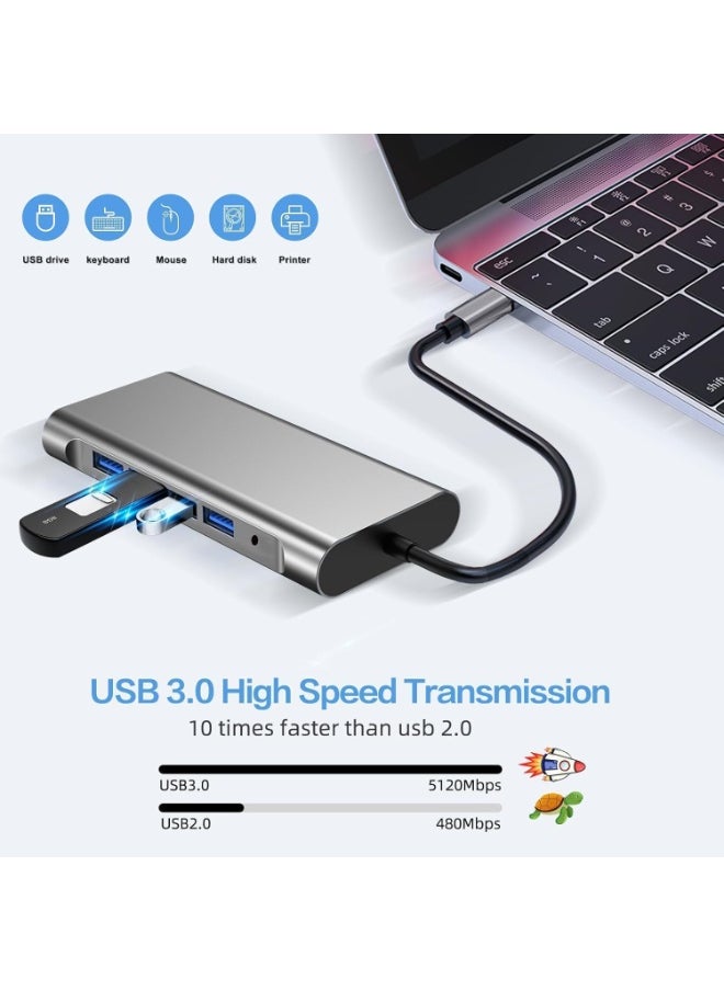 12-in-1 USB C Hub Adapter Docking Station with 2x 4K HDMI, VGA, 4 USB 3.0 Ports, USB C PD3.0, RJ45 Ethernet, SD/TF Card Reader, 3.5mm AUX - Compatible with MacBook Pro/Air and Type C Devices