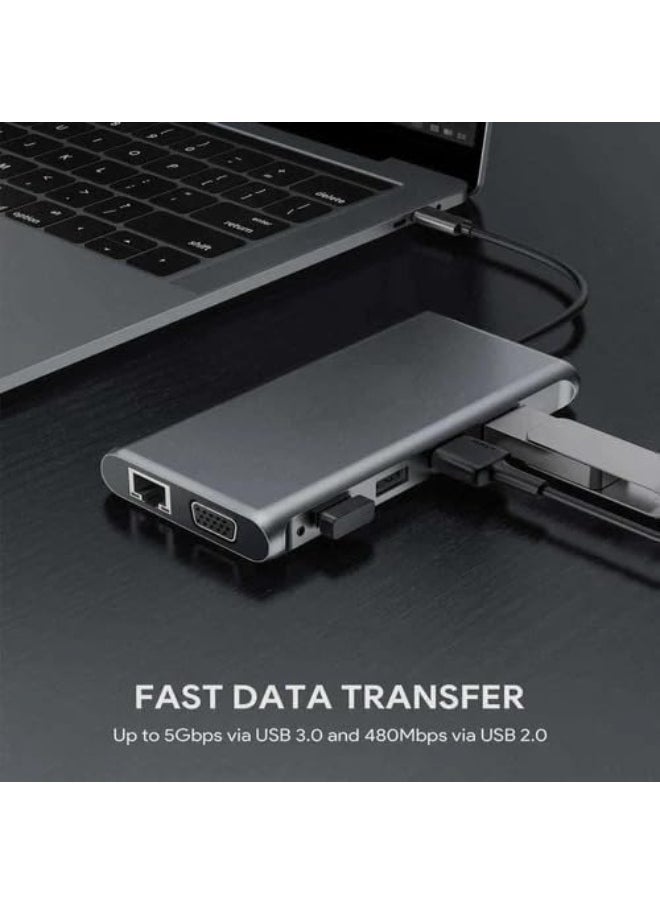 12-in-1 USB C Hub Adapter Docking Station with 2x 4K HDMI, VGA, 4 USB 3.0 Ports, USB C PD3.0, RJ45 Ethernet, SD/TF Card Reader, 3.5mm AUX - Compatible with MacBook Pro/Air and Type C Devices