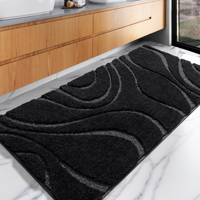 DEXDE Shaggy Bathroom Rugs 24x47 Inches  NonSlip Quick Dry Machine Washable Bath Rug Soft Plush Microfiber Absorbent Bath Mat for Bathroom Black