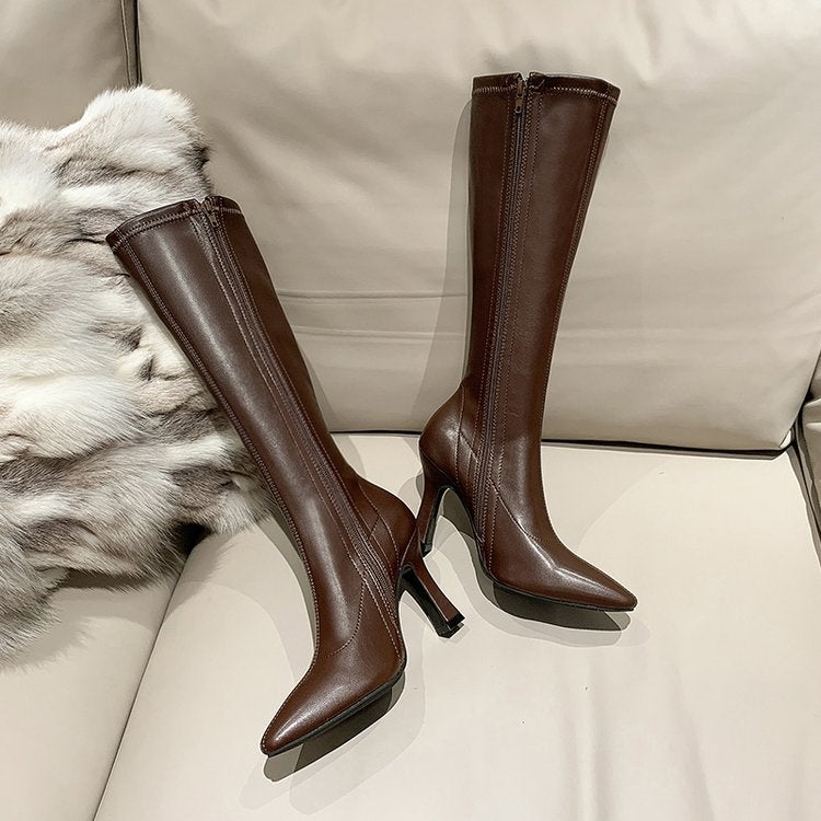 Pointed-toe high-top thin boots elastic stiletto heel European and American high-knee small high heel boots women's boots long boots wholesale - Image 5