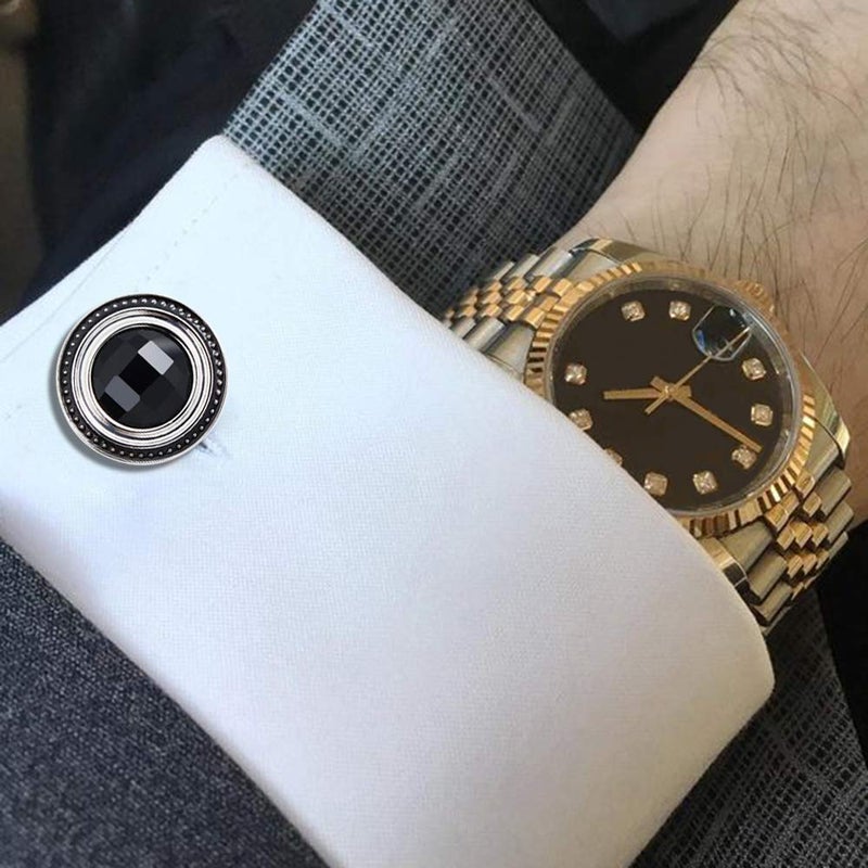 HAWSON Crystal Cufflinks and Studs Sets for Men's Tuxedo Shirts with Gift Box - One Pair Cufflinks with 6 pcs Studs - Black - Image 4