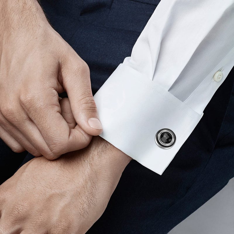 HAWSON Crystal Cufflinks and Studs Sets for Men's Tuxedo Shirts with Gift Box - One Pair Cufflinks with 6 pcs Studs - Black - Image 3