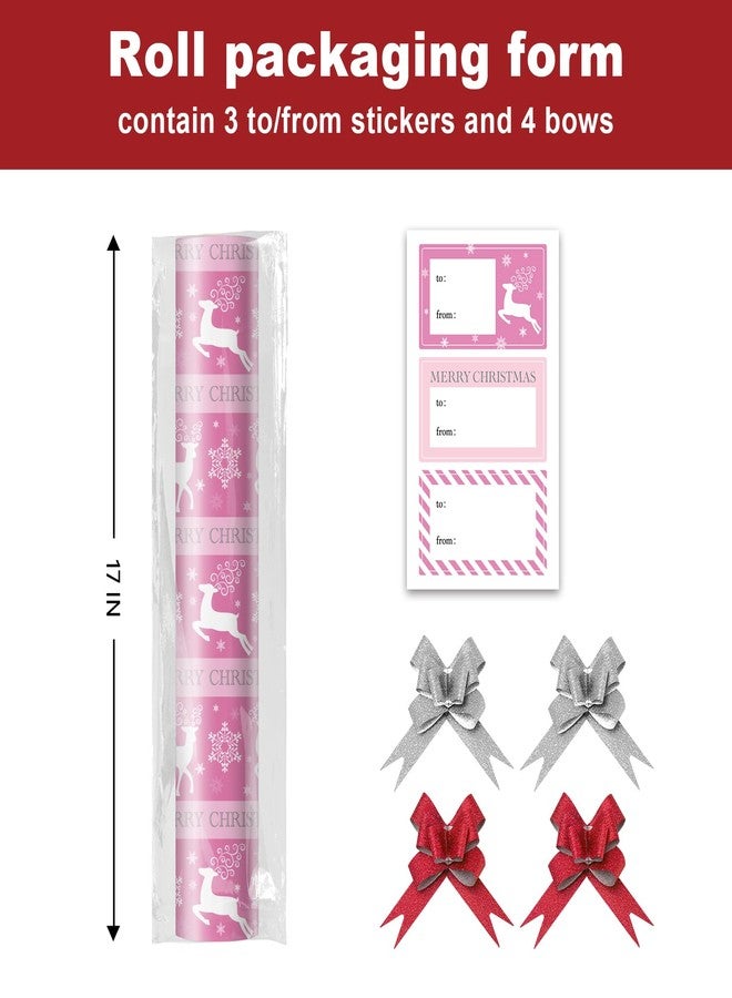 EWES Pink Christmas Wrapping Paper Rolls Set,Aesthetic Elegant Heavy Duty Premium Gift Wrap,Cute Pattern with Reindeer,Snowflake,Christmas Tree,Reversible, Total 28.5sq.ft - Image 2