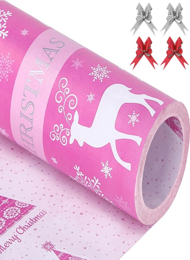 EWES Pink Christmas Wrapping Paper Rolls Set,Aesthetic Elegant Heavy Duty Premium Gift Wrap,Cute Pattern with Reindeer,Snowflake,Christmas Tree,Reversible, Total 28.5sq.ft - Image 1