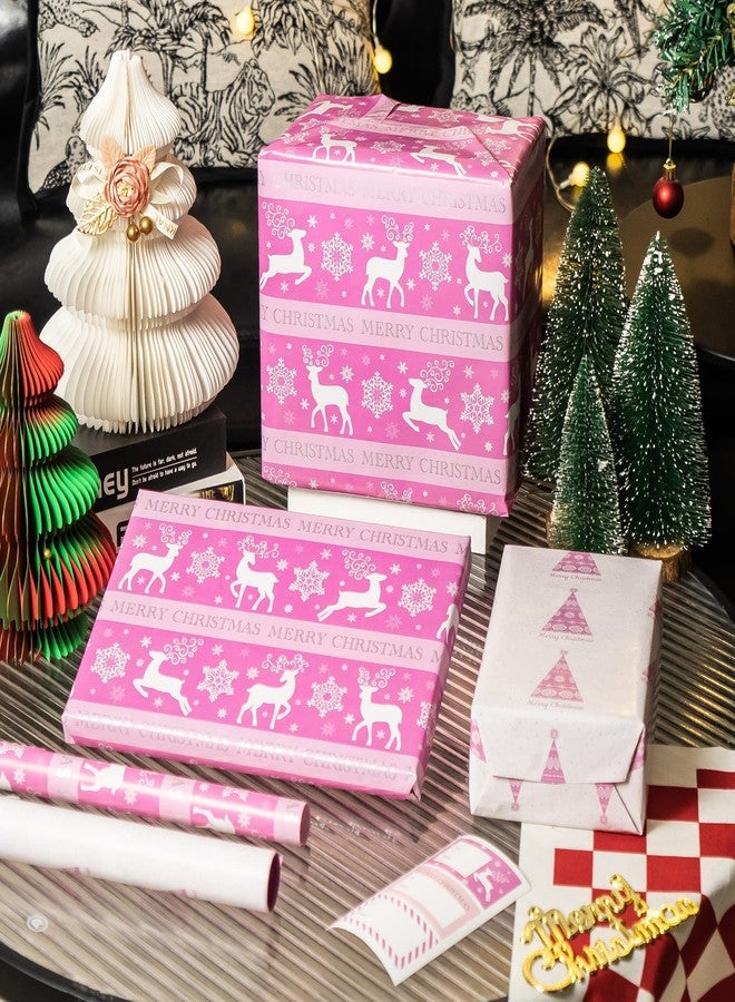 EWES Pink Christmas Wrapping Paper Rolls Set,Aesthetic Elegant Heavy Duty Premium Gift Wrap,Cute Pattern with Reindeer,Snowflake,Christmas Tree,Reversible, Total 28.5sq.ft - Image 4
