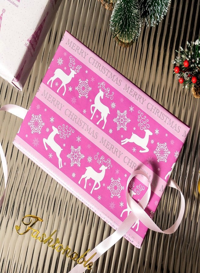 EWES Pink Christmas Wrapping Paper Rolls Set,Aesthetic Elegant Heavy Duty Premium Gift Wrap,Cute Pattern with Reindeer,Snowflake,Christmas Tree,Reversible, Total 28.5sq.ft - Image 5