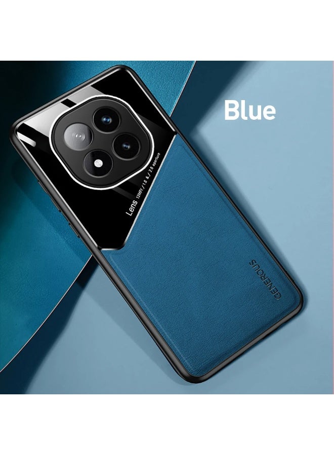 Case Compatible With Xiaomi Redmi Note 14 Pro 5G Cover Luxury Leather And Glass With Car Magnetic Holder Phone Cover Soft Frame Silicone - Blue - Image 1