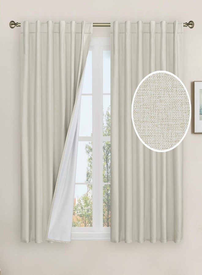 LAMIT 100% Blackout Linen Curtains 45 Inch Length for Bedroom, Linen Textured Thermal Kitchen Curtains Back Tab and Rod Pocket Window Panels with White Liner, 2 Panels, 52 x 45 Inch, Stone - Image 1