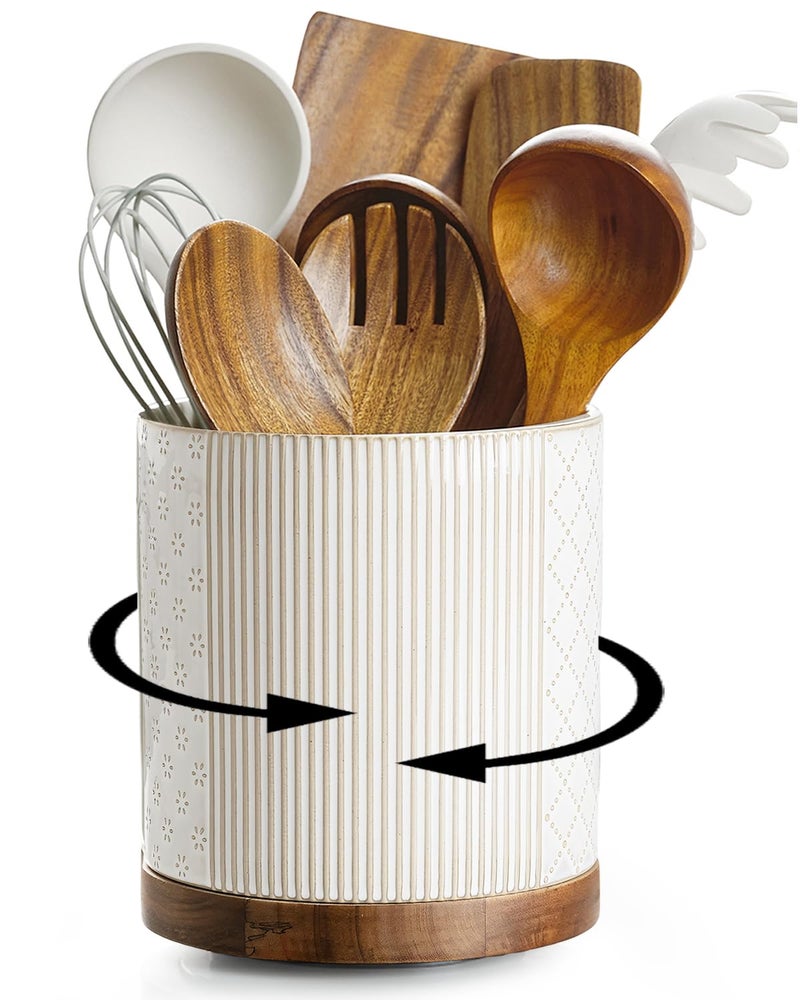 getstar 360 Rotating Kitchen Utensil Holder Large Ceramic Cooking Utensil Holder for Kitchen Counter with Rotatable and Detachable Wooden Base