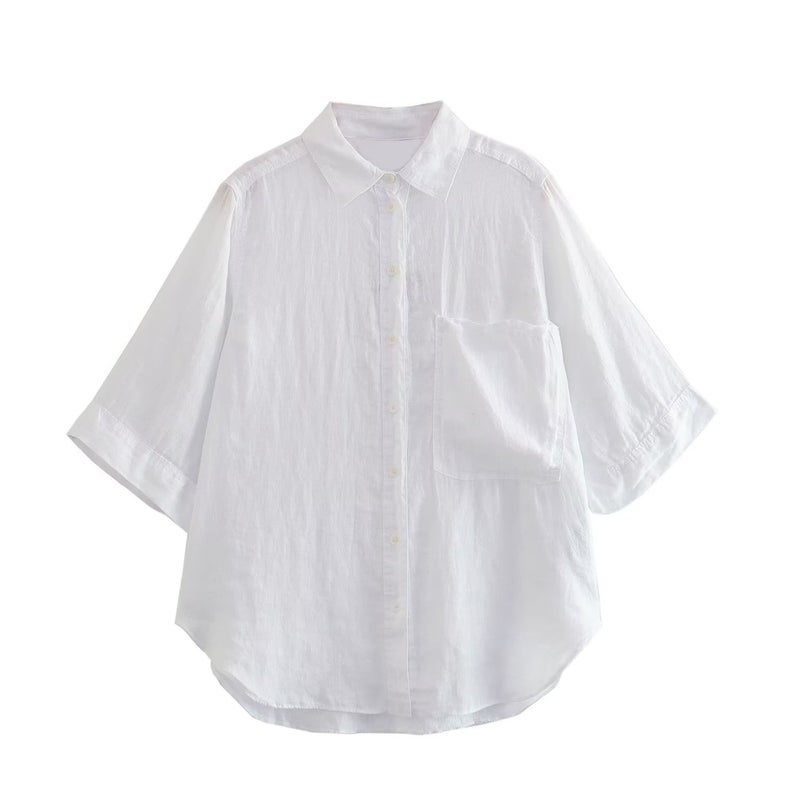 Pocket Decorations Linen Shirt Blouse Casual Shorts 2024 Summer New Women Solid Color Casual Style suit Pink Shorts - Image 3