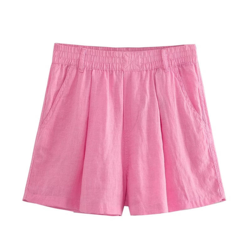 Pocket Decorations Linen Shirt Blouse Casual Shorts 2024 Summer New Women Solid Color Casual Style suit Pink Shorts - Image 1