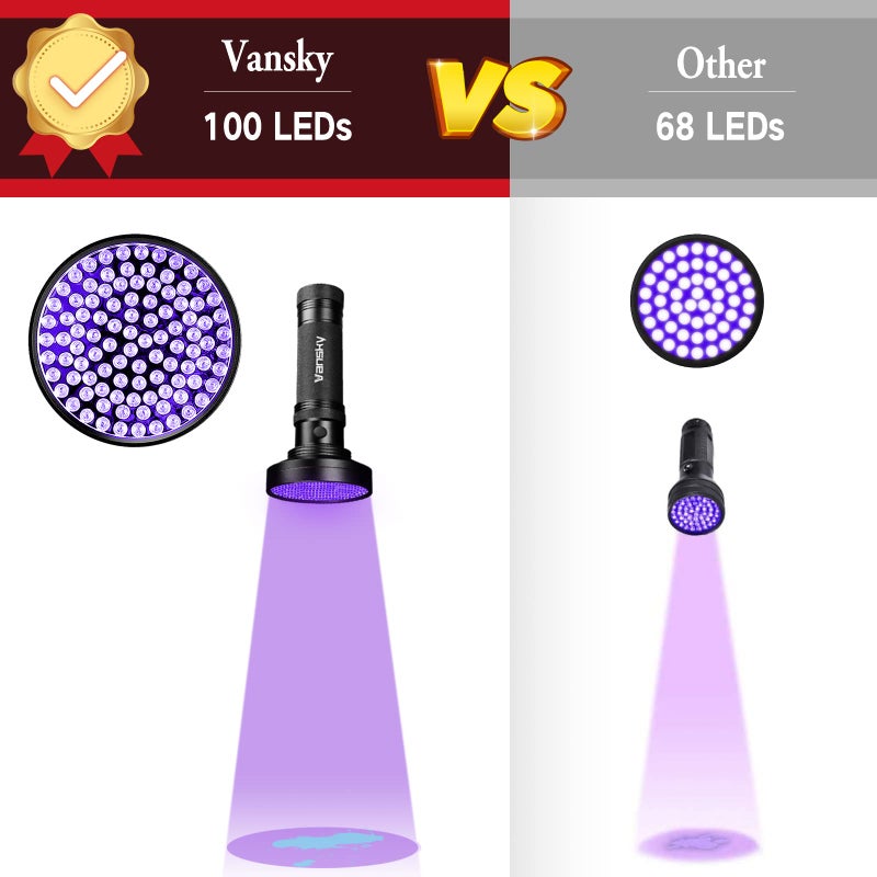 Vansky Black Light UV Flashlights, Ultra Bright 100 LED 395nm Ultraviolet Blacklight Detector for Dog Cat Pet Urine, Dry Stains and Bed Bug, Matching with Pet Odor Eliminator - Image 5