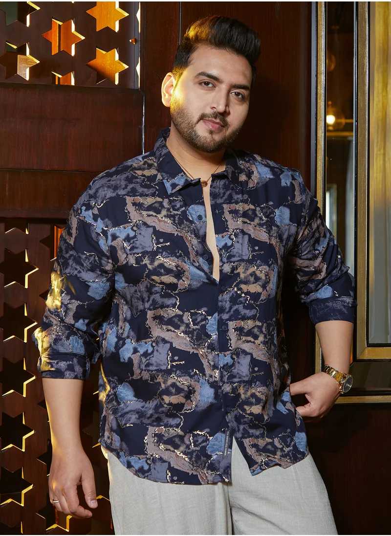 انستافاب بلس Instafab Plus Men's Navy Blue Marquina Gradient Shirt For Casual Wear | Spread Collar | Long Cuffed Sleeves | Button Closure | Plus Size Shirt Crafted With Comfort Fit For Everyday Wear