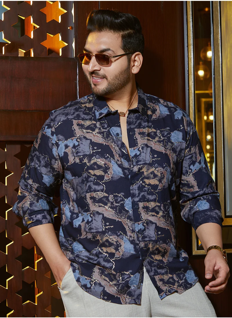 انستافاب بلس Instafab Plus Men's Navy Blue Marquina Gradient Shirt For Casual Wear | Spread Collar | Long Cuffed Sleeves | Button Closure | Plus Size Shirt Crafted With Comfort Fit For Everyday Wear