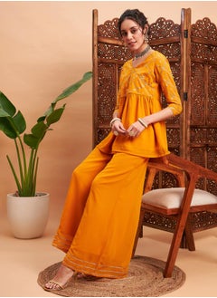 SASSAFRAS Embellished Gathered Detail Peplum Top and Wide Leg Pants Co-ords by Styli  - Image 2