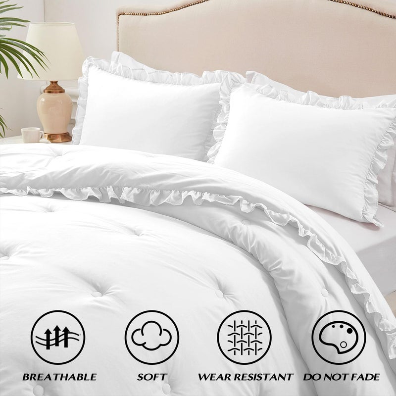 HARBOREST Queen Comforter Set White - Ruffle Comforter for Queen Size Bed, Fluffy Queen Size Comforter Set for All Seasons, 3 Pieces(1 Comforter & 2 Pillow Shams) - Image 3