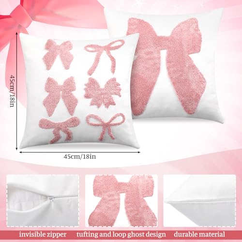 Cinnvoice 2 Pcs 18x18 in Pink Bow Coquette Pillow Covers Set Embroidered Valentines Day Decorative Bow Pillow Cases Soft Plush Faux Fur Cushion Covers for Couch Sofa Bedroom Home DecorationPinkClassic - Image 3