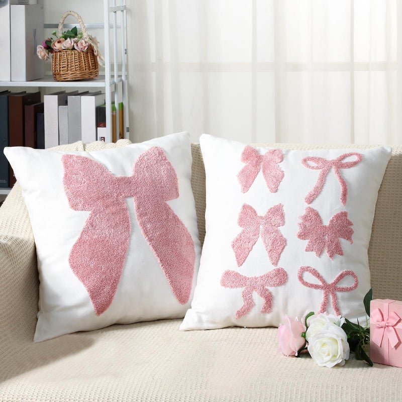 Cinnvoice 2 Pcs 18x18 in Pink Bow Coquette Pillow Covers Set Embroidered Valentines Day Decorative Bow Pillow Cases Soft Plush Faux Fur Cushion Covers for Couch Sofa Bedroom Home DecorationPinkClassic - Image 2
