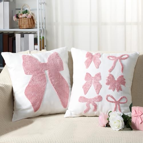 Cinnvoice 2 Pcs 18x18 in Pink Bow Coquette Pillow Covers Set Embroidered Valentines Day Decorative Bow Pillow Cases Soft Plush Faux Fur Cushion Covers for Couch Sofa Bedroom Home DecorationPinkClassic - Image 1