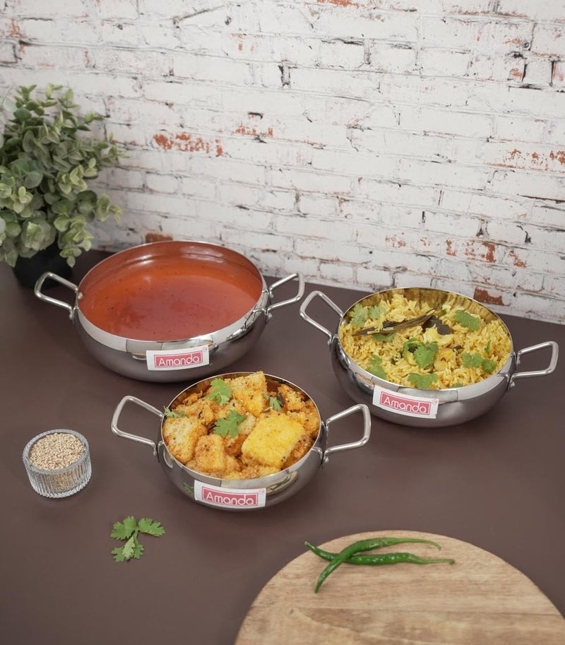 Amanda Premium Stainless Steel Handi Set with Lid | 3 Pc Set | Riveted Handles | Capacity 550ML, 950ML, 1550ML | Multipurpose Cook & Serve Set for Dining Table | Durable, Easy to Clean, Rust-Resistant - Image 3