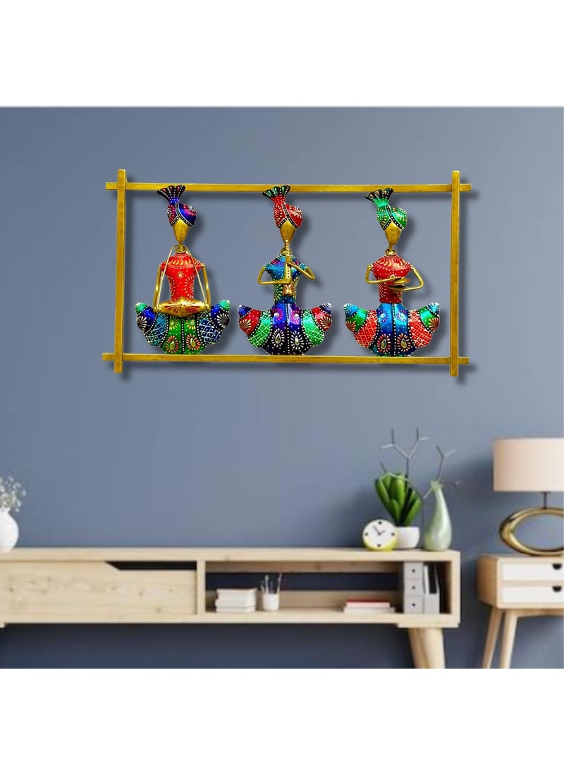 pranjals house - pranjals house Decorative Metal Handpainted Rustic Iron Wall Hanging of 3 Rajasthani Musician Art Sculpture for Home Office Wall Decor/Wall Hanging (19 x 10.5 Inches) - Image 1