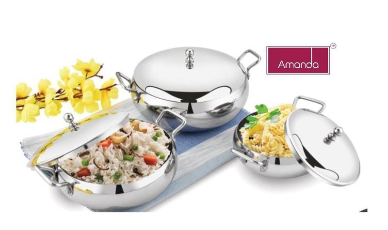 Amanda Premium Stainless Steel Handi Set with Lid | 3 Pc Set | Riveted Handles | Capacity 550ML, 950ML, 1550ML | Multipurpose Cook & Serve Set for Dining Table | Durable, Easy to Clean, Rust-Resistant - Image 5