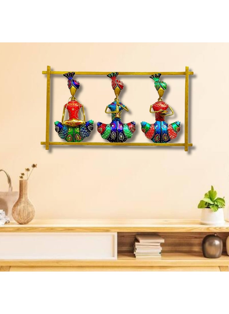 pranjals house - pranjals house Decorative Metal Handpainted Rustic Iron Wall Hanging of 3 Rajasthani Musician Art Sculpture for Home Office Wall Decor/Wall Hanging (19 x 10.5 Inches) - Image 1